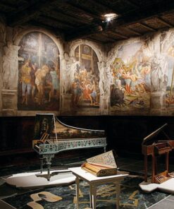 Historical keyboard instruments from the Tagliavini Collection, displayed within the frescoed San Colombano Oratory in Bologna