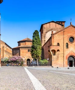 The historic Basilica di Santo Stefano (Seven Churches) complex in Bologna, with its Romanesque architecture and piazza