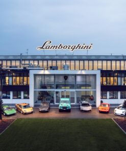 Exterior of the modern Lamborghini factory and headquarters in Sant'Agata Bolognese, Italy.